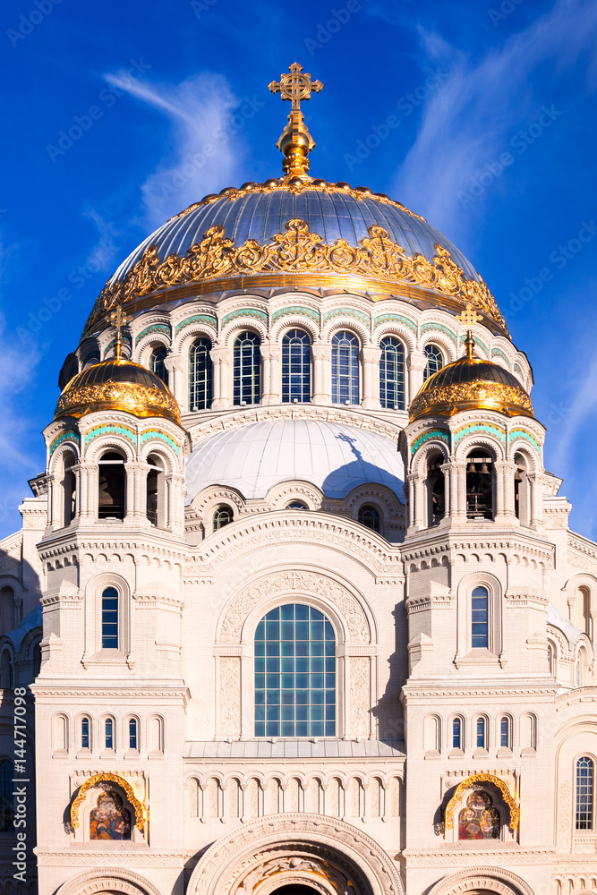 A vertical view of the domes of St. Nicholas Naval Cathedral in Kronstadt