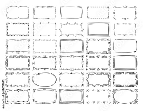 Square doodle image frames, hand drawn line borders vector set