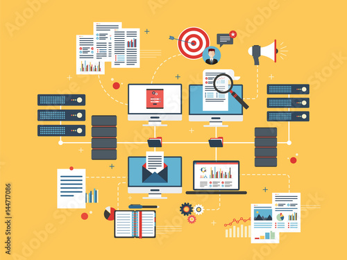  Computers and laptop accessing server files in network computers. Concepts cloud computing devices, data network and business intelligence. Flat vector illustration.