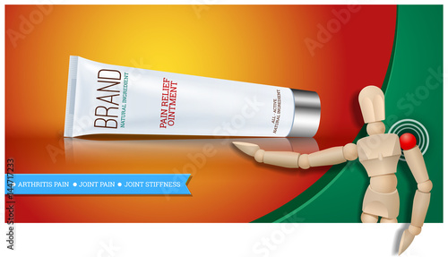 Pain relief ointment horizontal banner with realistic design blank white cosmetic tube pack Of Cream Or Gel. Wooden mannequin. Vector illustration