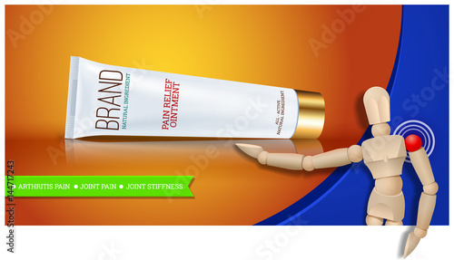 Pain relief ointment horizontal banner with realistic design blank white cosmetic tube pack Of Cream Or Gel. Wooden mannequin. Vector illustration