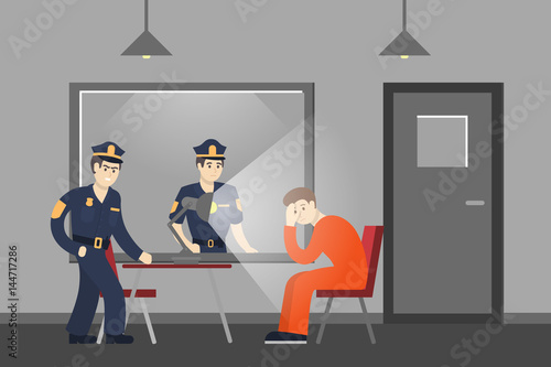 Police office room. Investigation room with guilty man.
