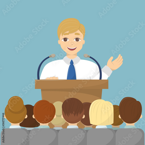 Press conference presentation. Man performs at the meeting.