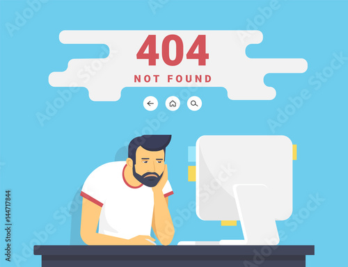 404 error page not found illustration of young upset man is sitting with pc at home and seeing 404 error on screen. Flat outlined illustration of guy working with computer and problems with website