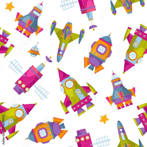 Tapety Wielokolorowe rakiety zabawkowe. Statki kosmiczne Jednolite tło wzór.