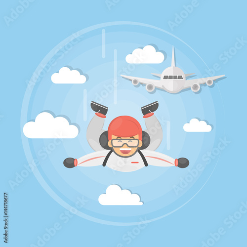Skydiving active sport. man in uniform jumps off the plane with parachute.