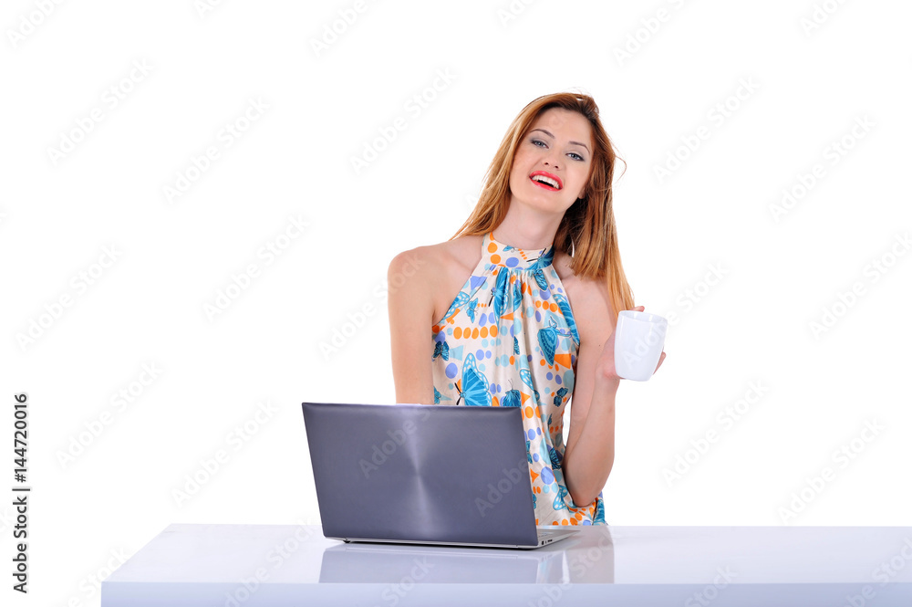 young blonde business woman working on laptop computer, isolated on white background. young blonde business woman working on laptop computer, isolated on white background.