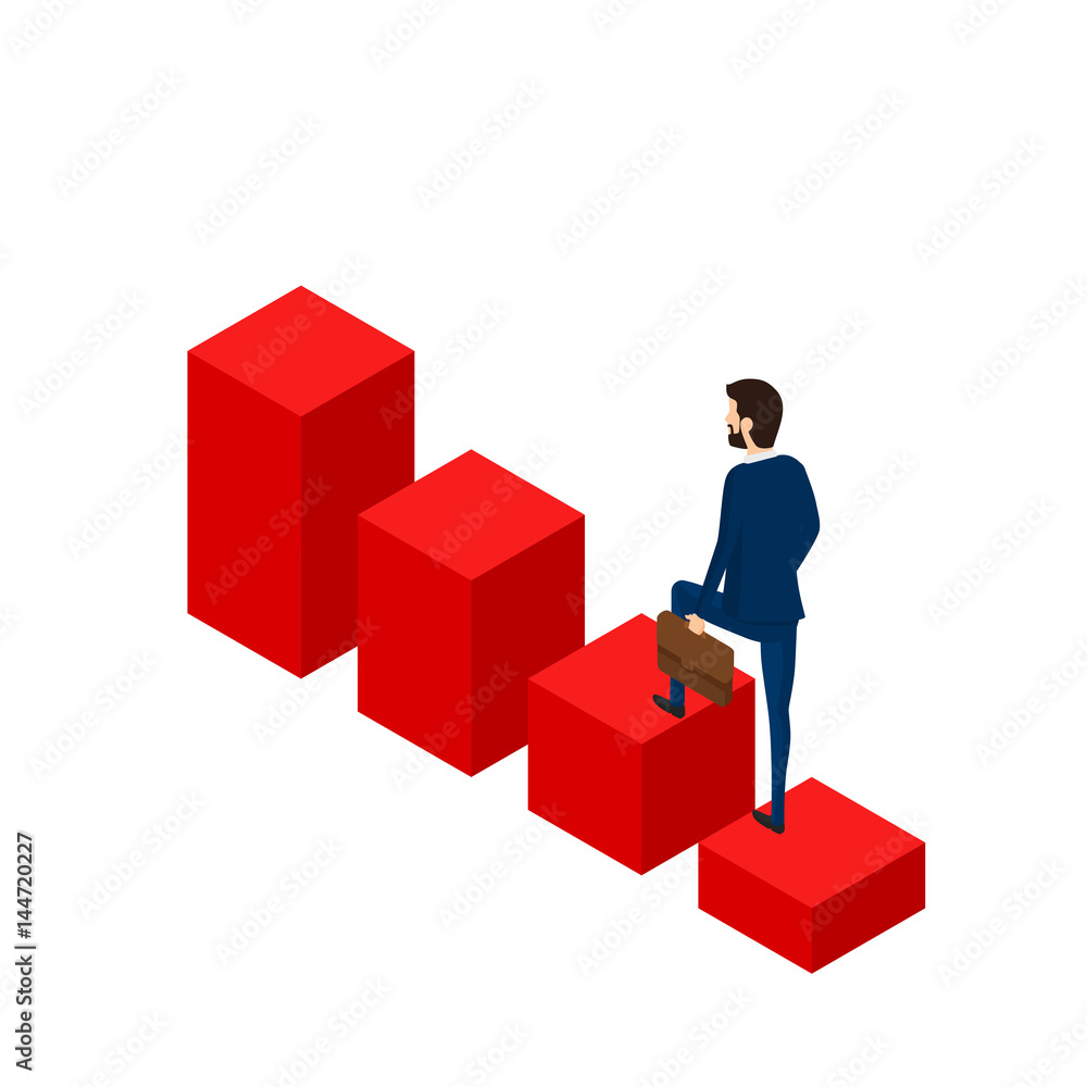 Flat 3D isometric. Businessman walking on stair growing graph to success. Stair step to success Flat 3D isometric. Businessman walking on stair growing graph to success. Stair step to success