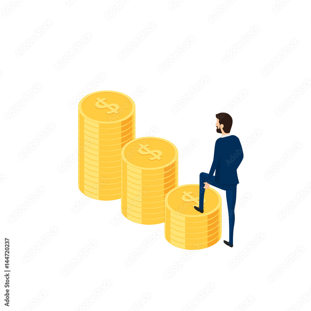 Flat 3D isometric. Businessman in suit holding briefcase walking on money stair to success. Stair step to success Flat 3D isometric. Businessman in suit holding briefcase walking on money stair to success. Stair step to success