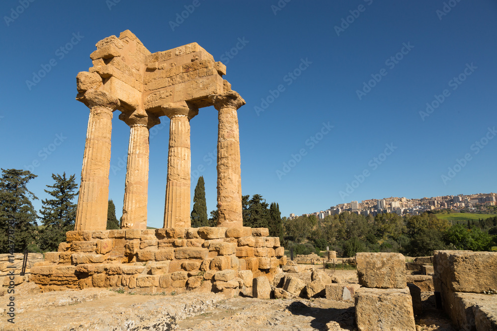 ruins of the ancient Greek temple of Dioskouroi in the Valley of the Temples, Agrigento, Sicily