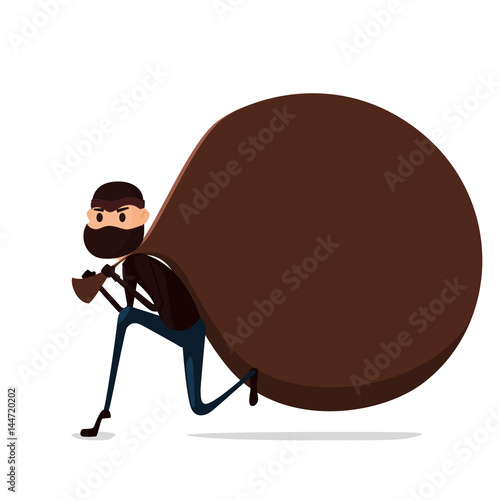 Thief Flat character design. Bandit with big bag. Robber in mask
