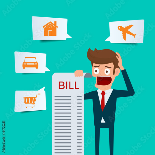 Businessman holding bills feels headache and worried about paying a lot of bills. Businessman no money. debt concept.