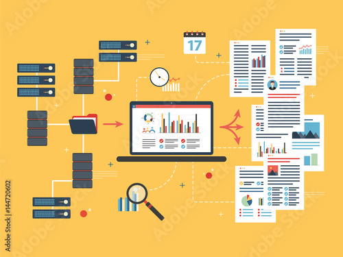Laptop accessing server files in network and extract information. Concepts data mining or business intelligence processing for decision making. Flat vector illustration.