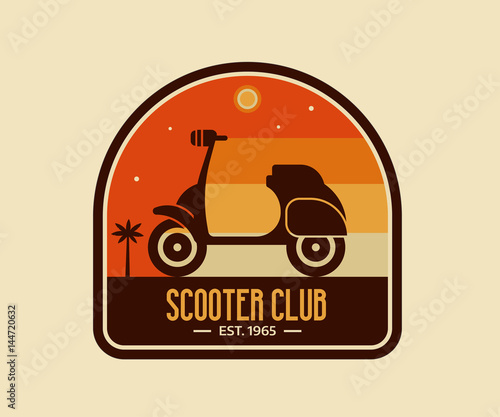 Scooter club badge or logo template. Pin with scooter on beach. Small motorcycle or moped riding on tropical background in retro style. Motorbike logotype or label vector illustration.