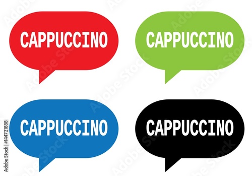 CAPPUCCINO text, on rectangle speech bubble sign.
