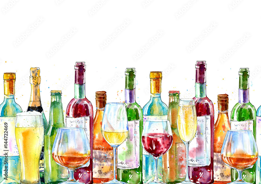 Seamless border of a champagne,cognac, wine, beer and glass. Painting