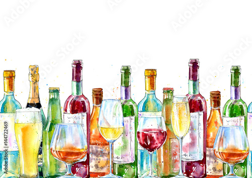 Seamless border of a champagne,cognac, wine, beer and glass. Painting of a alcohol drink .Watercolor hand drawn illustration.White background.