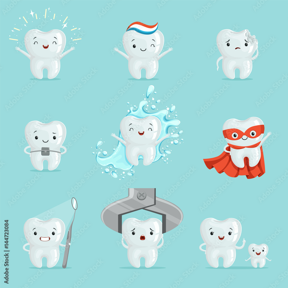 Cute teeth with different emotions set for label design. Cartoon detailed Illustrations Cute teeth with different emotions set for label design. Cartoon detailed Illustrations