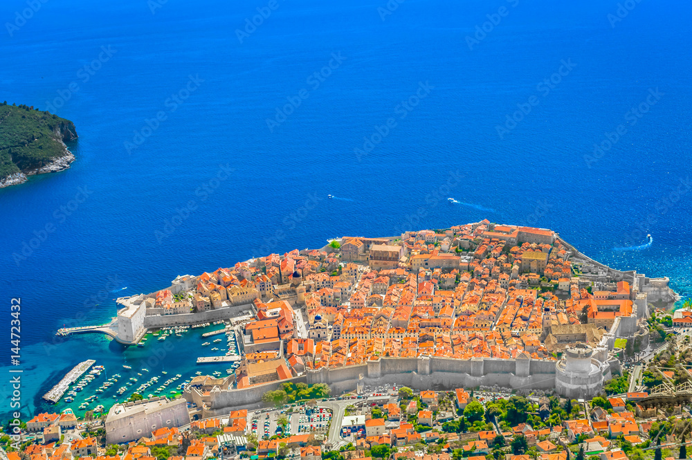 Dubrovnik aerial. / Sunny aerial view at famous travel destination in Europe, Dubrovnik town, UNESCO World's Heritage Site.