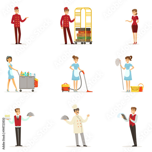 Staff in the hotel set for label design. Receptionist, cook, waiter, maid, porter. Colorful cartoon detailed Illustrations