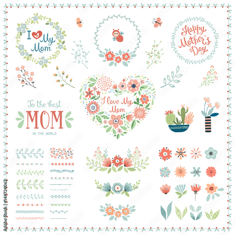 Naklejka premium Mother's Day set with typographic design elements. Flowers, branches, brushes, wreath, floral heart, butterflies, plant pots and vases. Vector illustration.