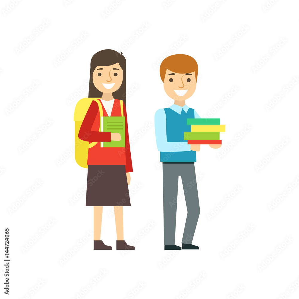 Boy And Girl Smiling With Backpacks And Books, Part Of School And Scholar Life Series Of Minimalistic Illustrations Boy And Girl Smiling With Backpacks And Books, Part Of School And Scholar Life Series Of Minimalistic Illustrations