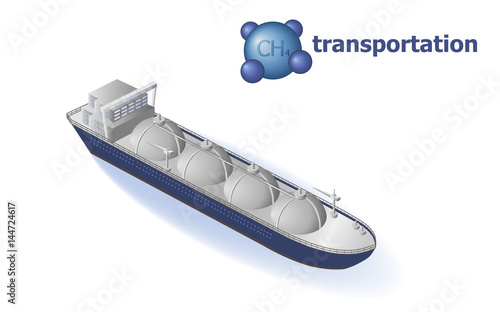 Liquefied natural gas transportation. LNG tanker, CH4 natural gas. Oil and gas industry infographics.