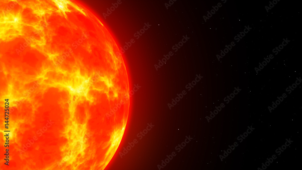 The burning sun in space among the stars copy space