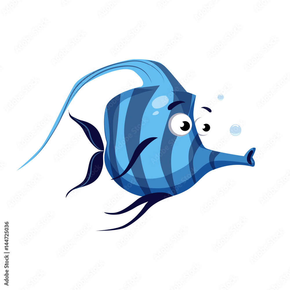 Tropical blue striped fish with a long nose. Sea, tropical, aquarium fish.  Colorful cartoon character Stock Vector | Adobe Stock