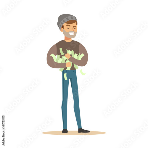 Thief stealing a lot of money. Colorful cartoon character vector Illustration