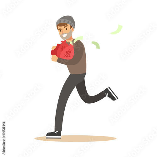 Robber in mask running with red money bags. Colorful cartoon character vector Illustration