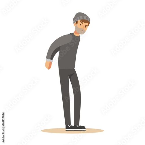 Arrested man in handcuffs with hands behind back. Colorful cartoon character vector Illustration