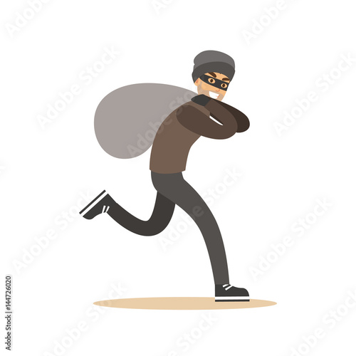 Robber in mask running with huge sack. Colorful cartoon character vector Illustration