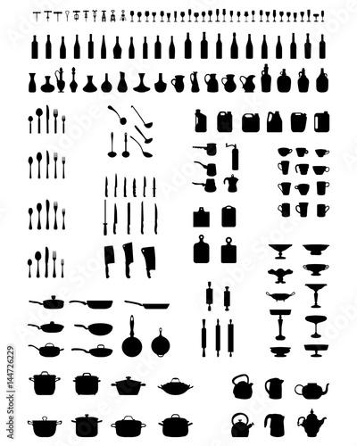 Black silhouettes of kitchenware on a white background
