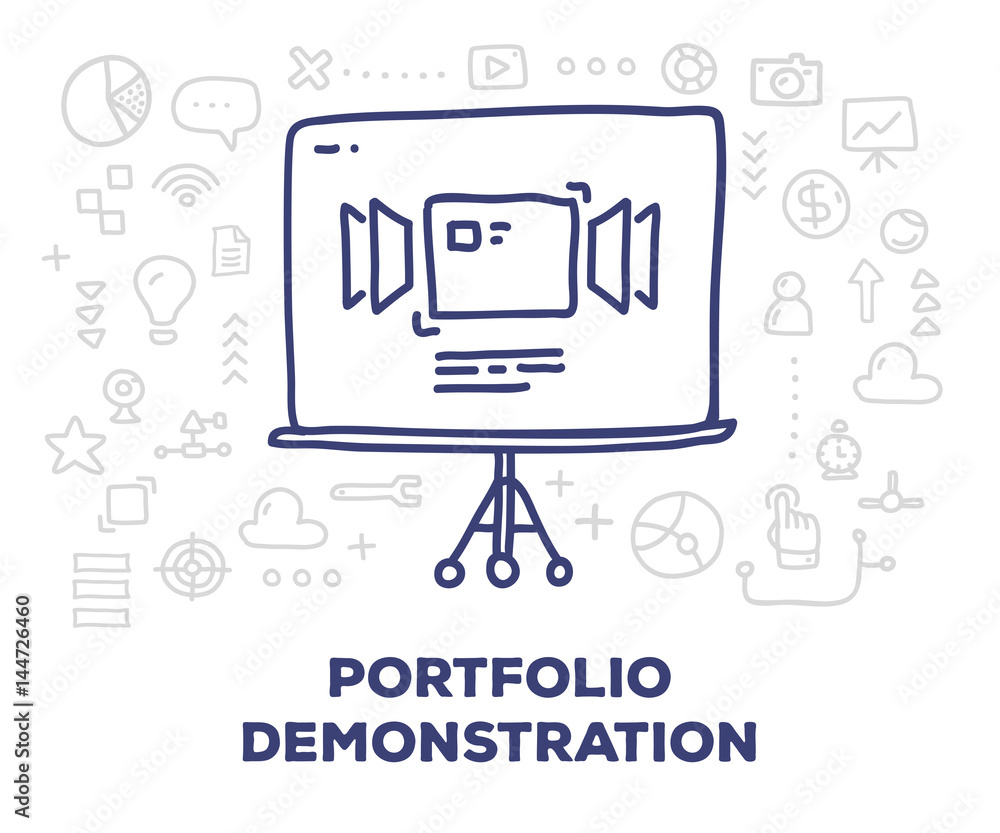 Vector creative illustration of big tripod screen with line icons and text on white background. Portfolio demonstration concept. Vector creative illustration of big tripod screen with line icons and text on white background. Portfolio demonstration concept.