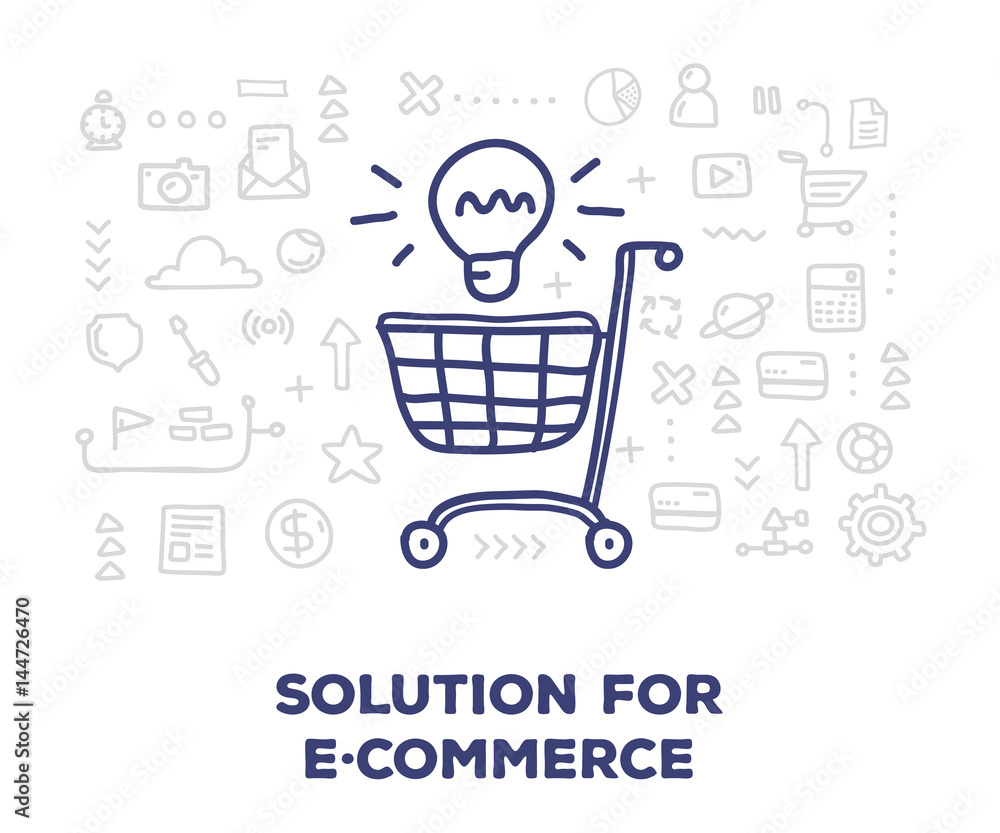 Vector creative illustration of big shopping trolley with light bulb and line icons on white background. Solution for e-commerce concept. Vector creative illustration of big shopping trolley with light bulb and line icons on white background. Solution for e-commerce concept.