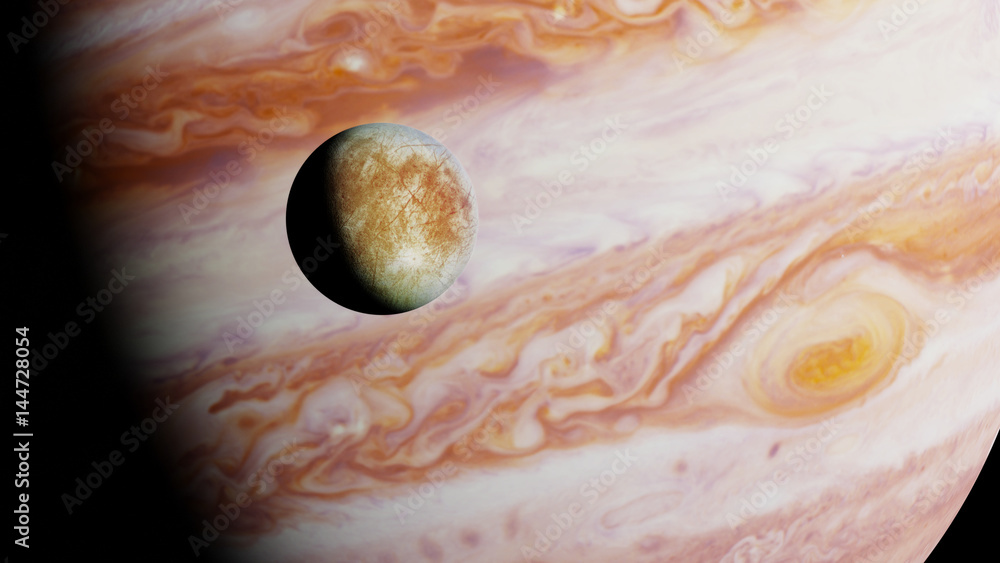 Fototapeta premium Jupiter's moon Europa in front of the planet Jupiter