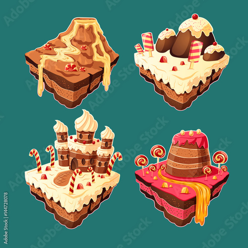 Vector 3D isometric illustration of sweet islands with mountains, rivers and waterfall of cakes, cream, chocolate, caramel. Elements of design for games