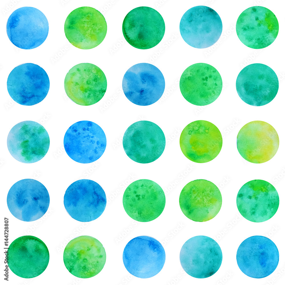 Hand drawn watrcolor circles of blue, green and yellow colors pattern on the white background Hand drawn watrcolor circles of blue, green and yellow colors pattern on the white background