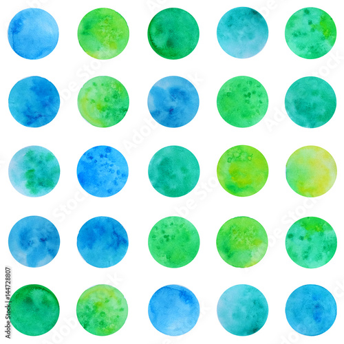 Hand drawn watrcolor circles of blue, green and yellow colors pattern on the white background