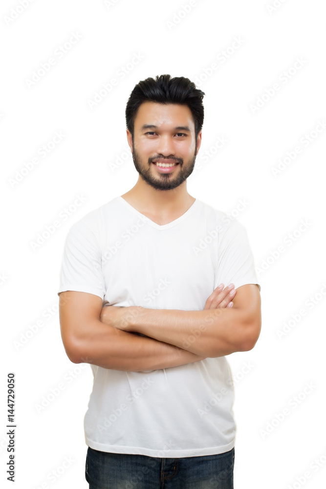 Obraz premium Asian handsome man with a mustache, smiling and laughing isolated on white background ,soft focus