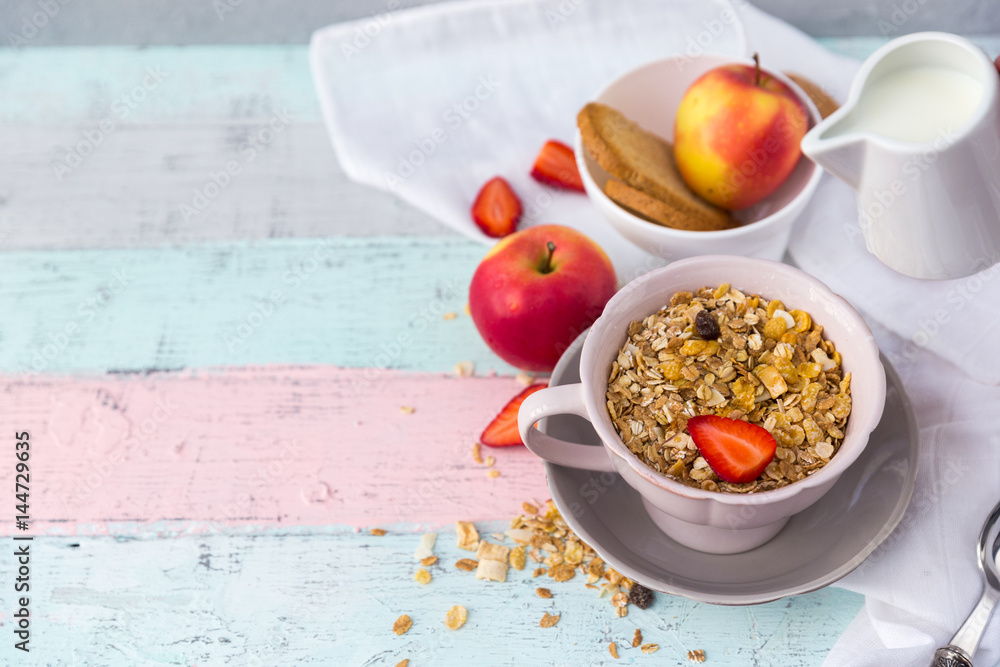 Granola bowl with milk and apples. Healthy breakfast Granola bowl with milk and apples. Healthy breakfast
