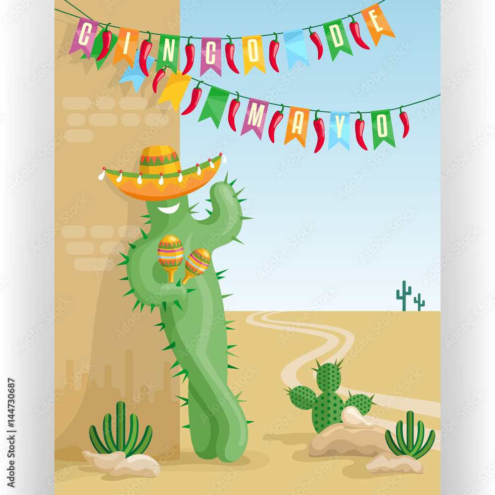 Cinco De Mayo poster with smiling cactus in sombrero and desert mexican landscape with cacti.