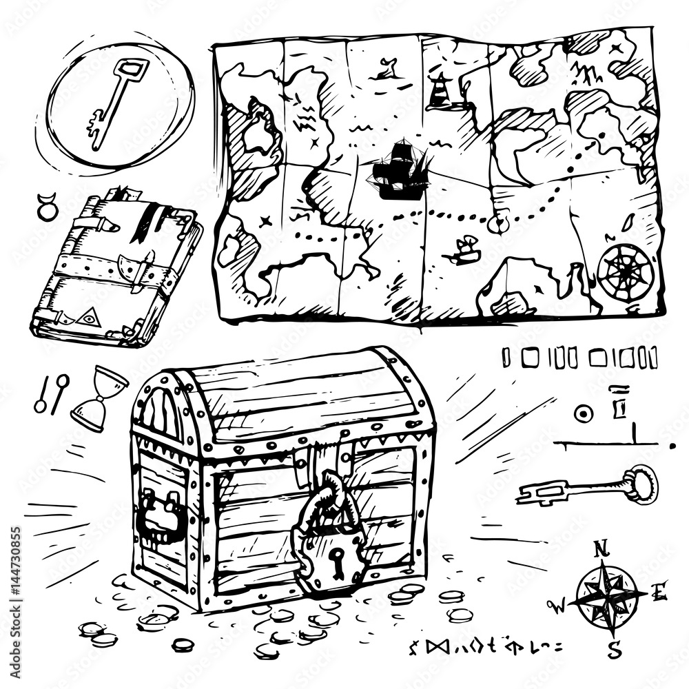 Sketch style collection of search for pirate treasures symbols: old ...