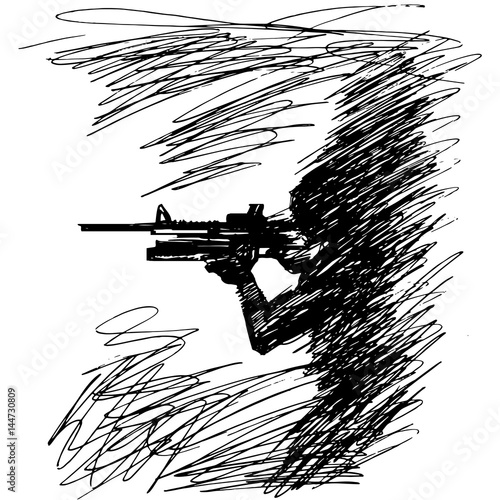 Sketch vector illustration the silhouette of a soldier in profile with a gun