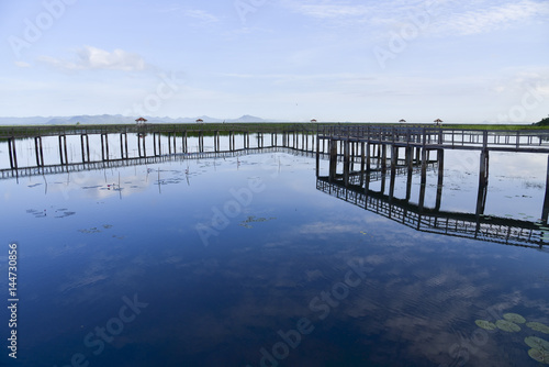 Wallpaper Mural Old wooden bridge path on lagoon. Beautiful tourist attractions,Thailand
 Torontodigital.ca