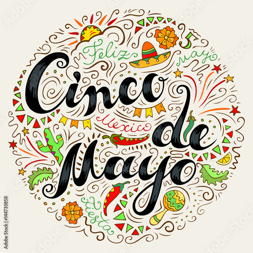 Cinco De Mayo card with doodle style handwritten lettering and many Mexican attributes