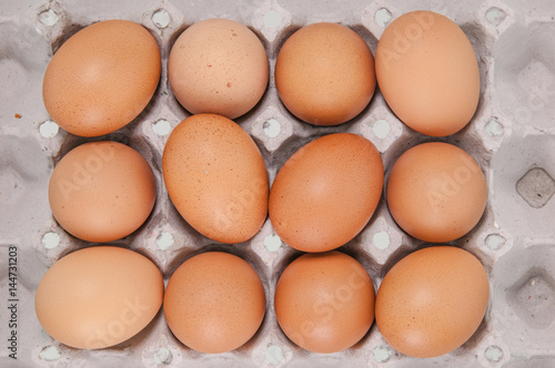Close-up view of raw chicken eggs in egg box