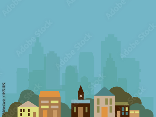 Cityscape and suburban area with buildings  trees  in brown color