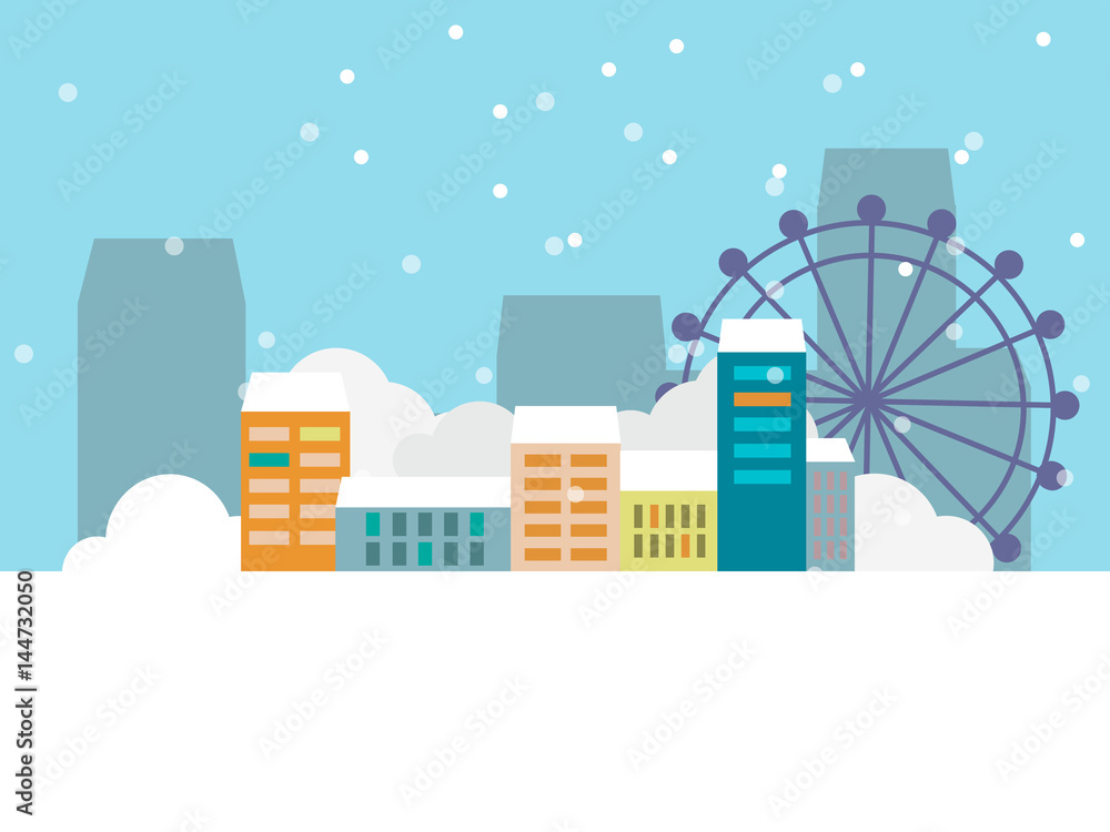 Cityscape with buildings, trees, Ferris wheel in winter